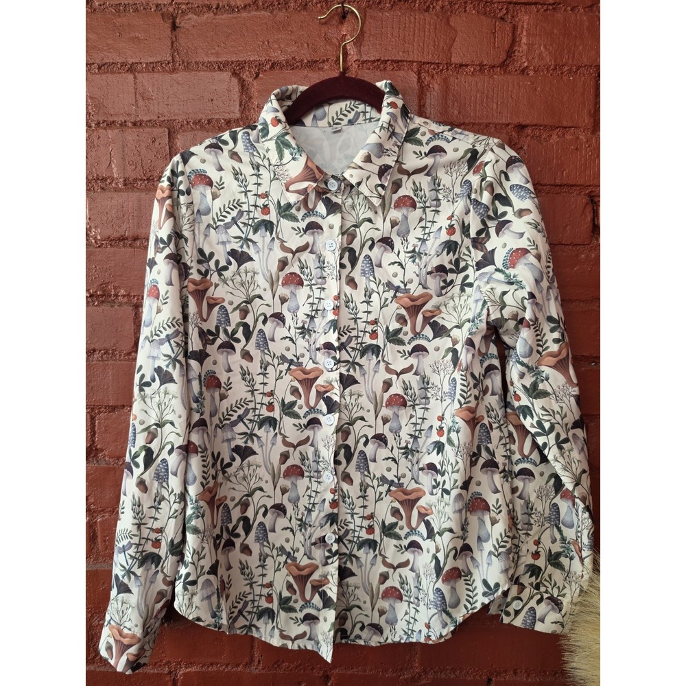 Womens Mushroom Long Sleeve Shirt Cottagecore Forest Boho Graphic Grunge Top S